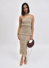 LEOPARD SMOCKING MIDI DRESS- TAUPE