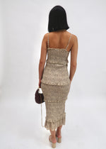 LEOPARD SMOCKING MIDI DRESS- TAUPE