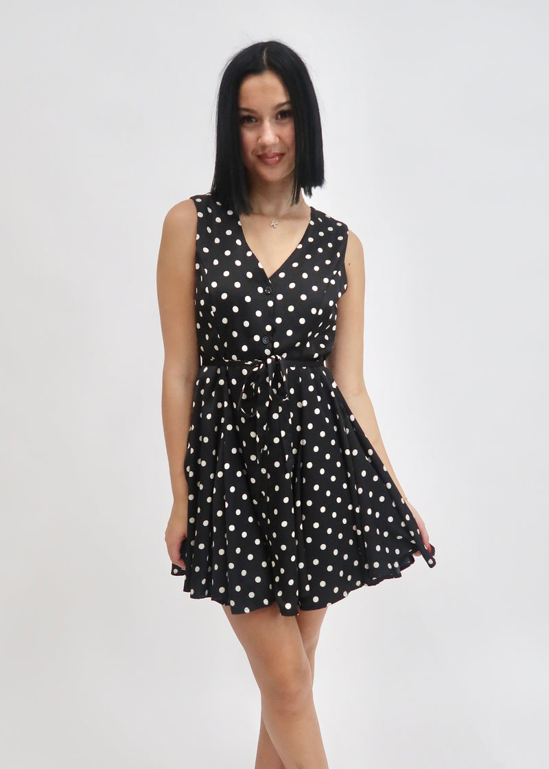 POLKA DOT FLARE MINI DRESS- BLACK