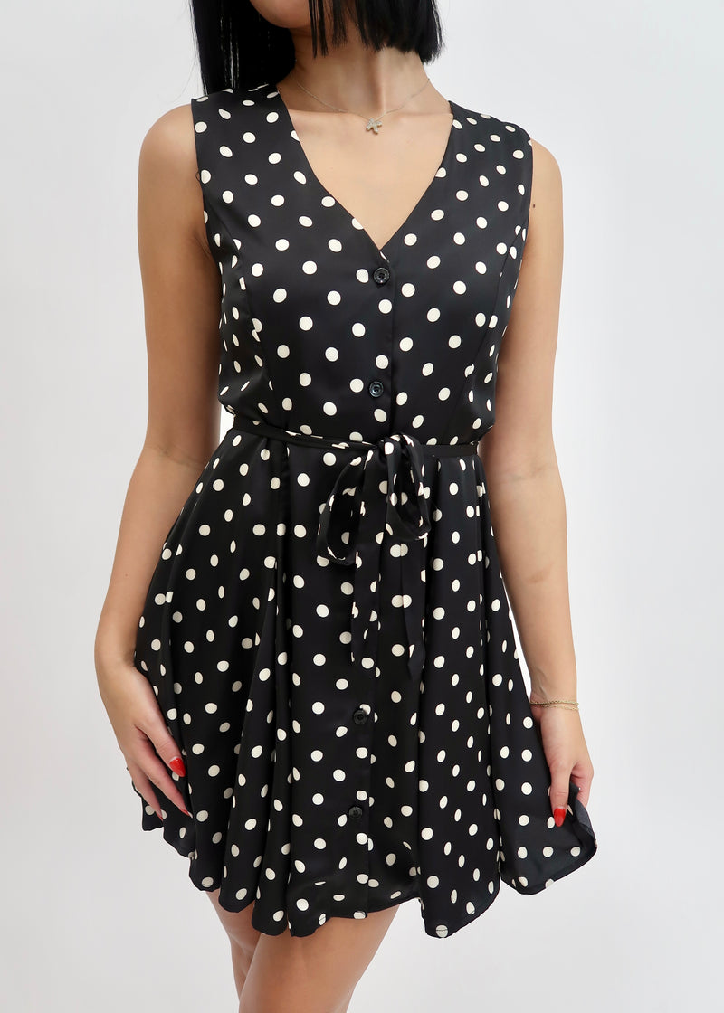 POLKA DOT FLARE MINI DRESS- BLACK