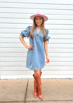 DENIM BUBBLE SLEEVE DRESS- DENIM