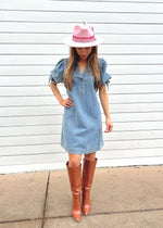 DENIM BUBBLE SLEEVE DRESS- DENIM