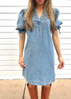 DENIM BUBBLE SLEEVE DRESS- DENIM