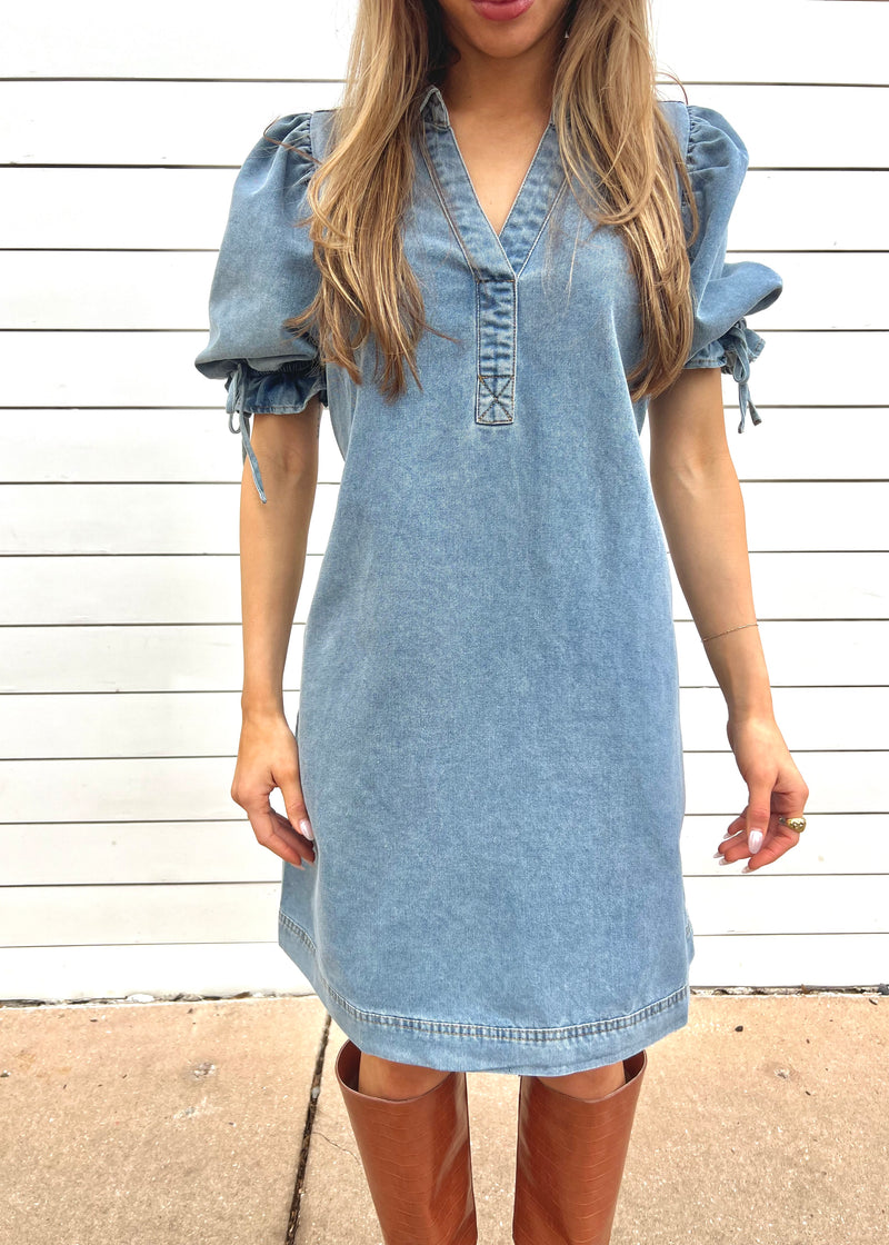 DENIM BUBBLE SLEEVE DRESS- DENIM