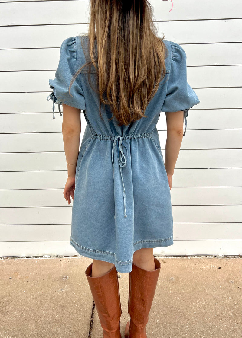 DENIM BUBBLE SLEEVE DRESS- DENIM