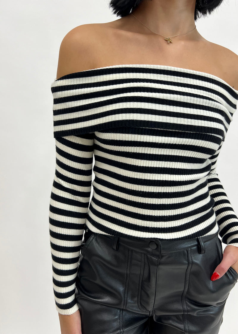 BON STRIPED OFF SHOULDER KNIT- BLACK/WHITE