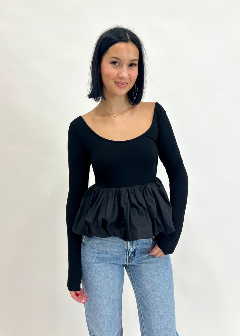 L/S BUBBLE HEM RIBBED TOP- BLACK