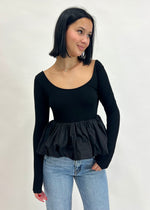 L/S BUBBLE HEM RIBBED TOP- BLACK