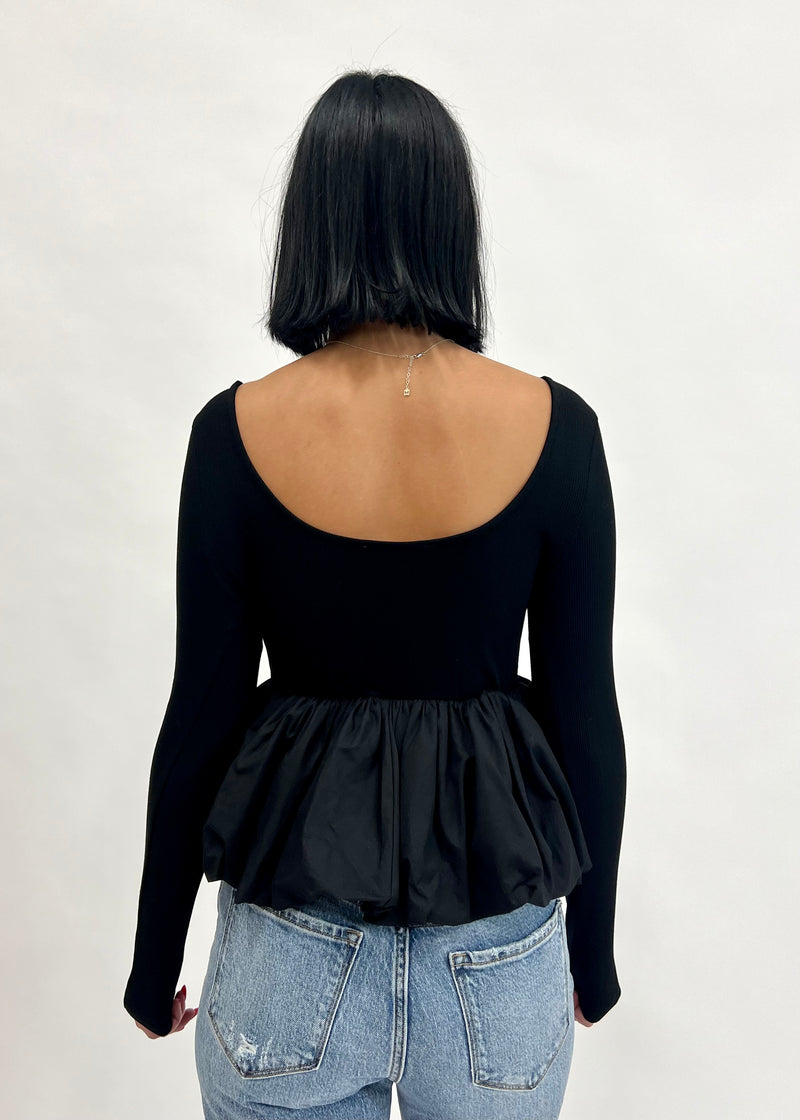 L/S BUBBLE HEM RIBBED TOP- BLACK