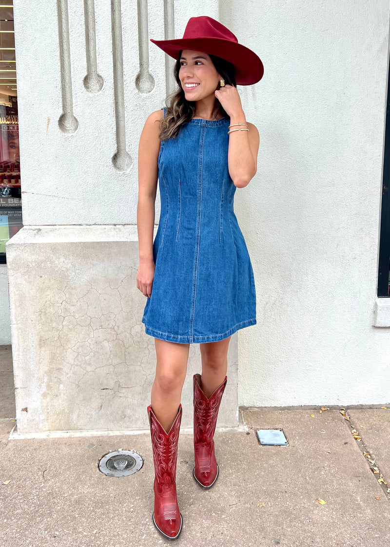 ROUND NECK DENIM DRESS- DENIM