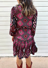 AVONDALE BORDER PRINT DRESS- CHOCOLATE/PINK