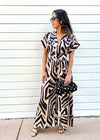 ABSTRACT BUTTON UP JUMPSUIT- MOCHA/GOLD