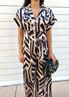 ABSTRACT BUTTON UP JUMPSUIT- MOCHA/GOLD