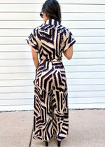 ABSTRACT BUTTON UP JUMPSUIT- MOCHA/GOLD