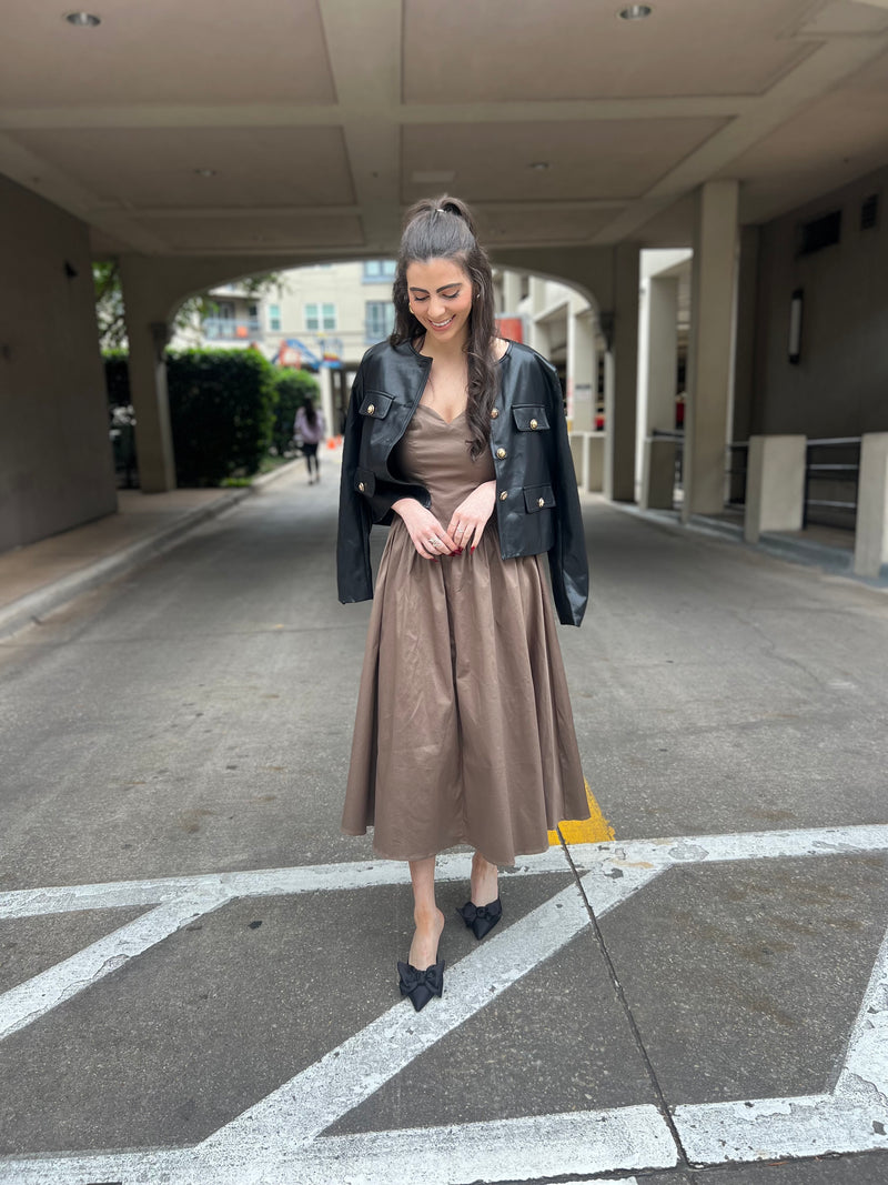 HALTER DROPWAIST MIDI DRESS- OLIVE GREY