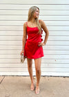 ROSETTE SATIN MINI DRESS- RED