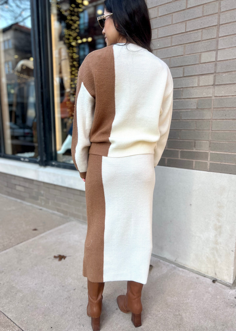 COLORBLOCK SWEATER SKIRT- IVORY/BROWN