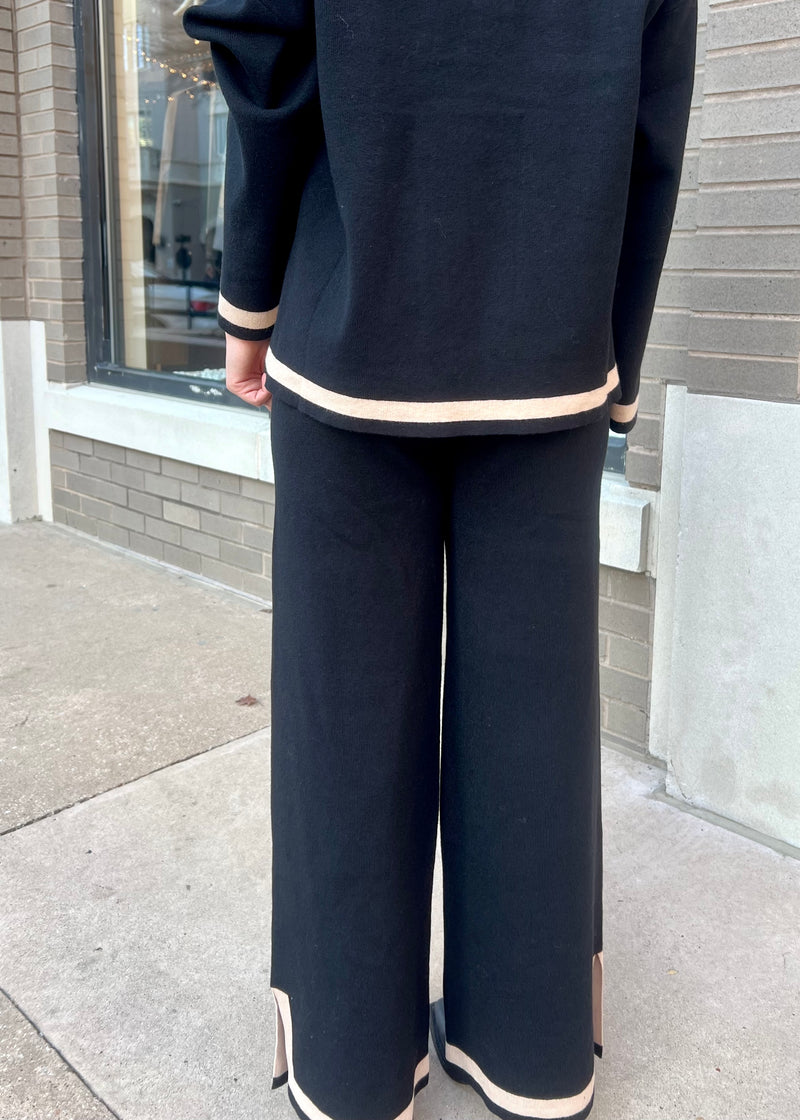 CONTRAST WIDE LEG SWEATER PANT- BLACK/TAUPE