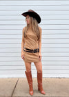 SUEDE BUCKLED MINI DRESS- CAMEL