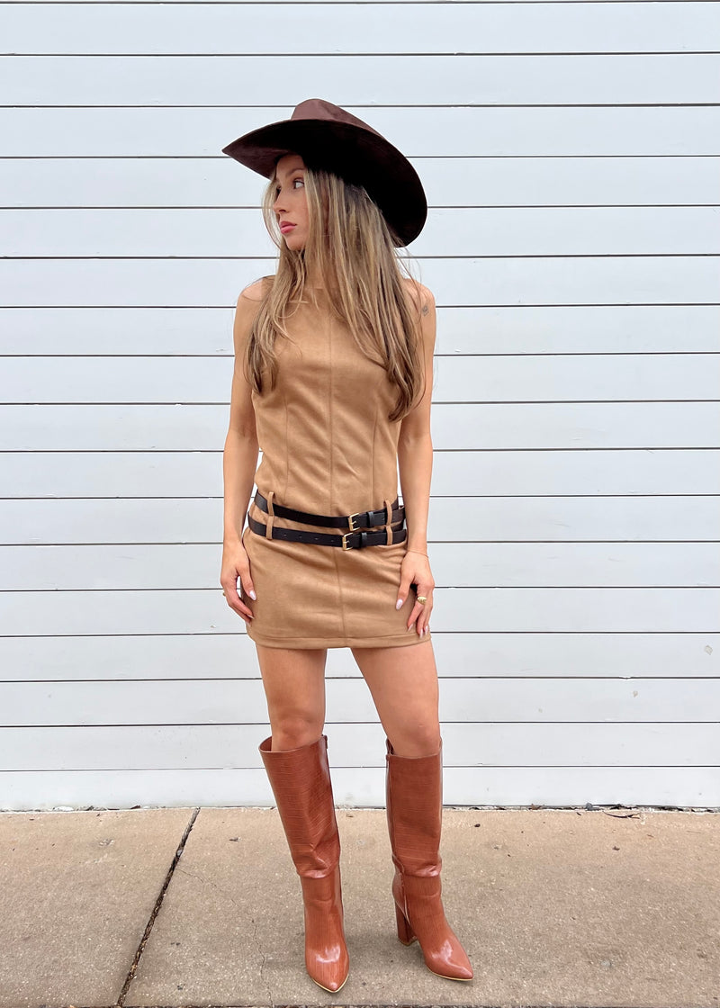 SUEDE BUCKLED MINI DRESS- CAMEL