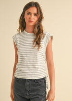 STRIPED RUCHED TEE- SAGE