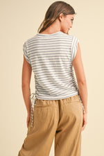 STRIPED RUCHED TEE- SAGE