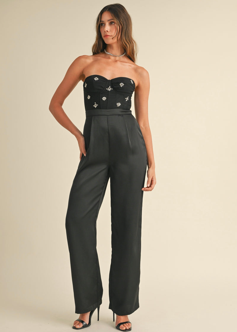 RHINESTONE BUSTIER JUMPSUIT- BLACK