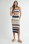 STRIPED CUT OUT KNIT DRESS- NAVY