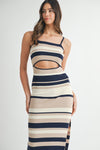 STRIPED CUT OUT KNIT DRESS- NAVY