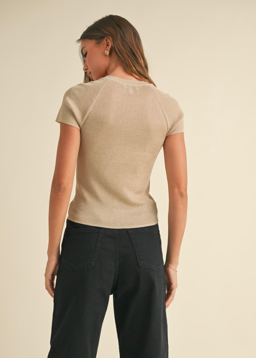 METALLIC RIBBED KNIT TOP- BEIGE GOLD