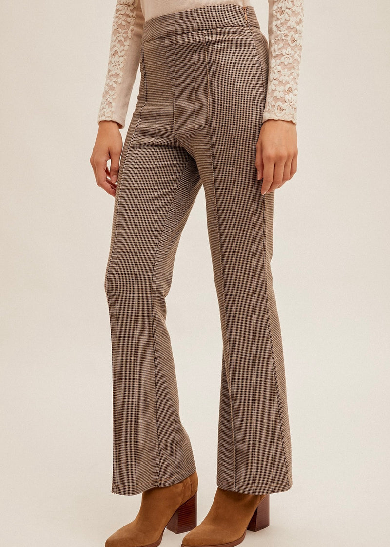 PLAID KNIT FLARE PANT- BROWN