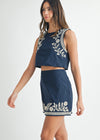 MARIA EMBROIDERED CROP TANK- NAVY