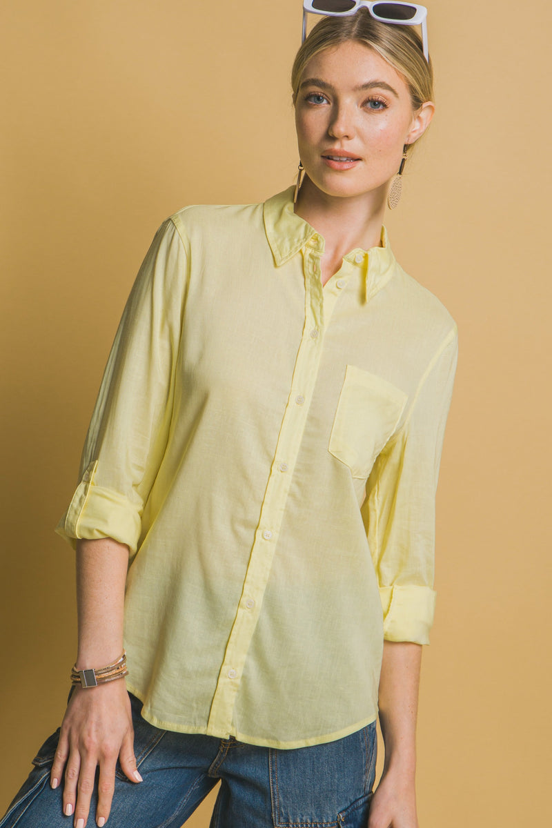 LINEN BLEND BUTTON DOWN- LEMON