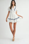 EMBROIDERED RUFFLE TIER MINI DRESS- WHITE/NAVY