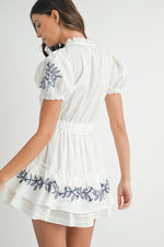 EMBROIDERED RUFFLE TIER MINI DRESS- WHITE/NAVY