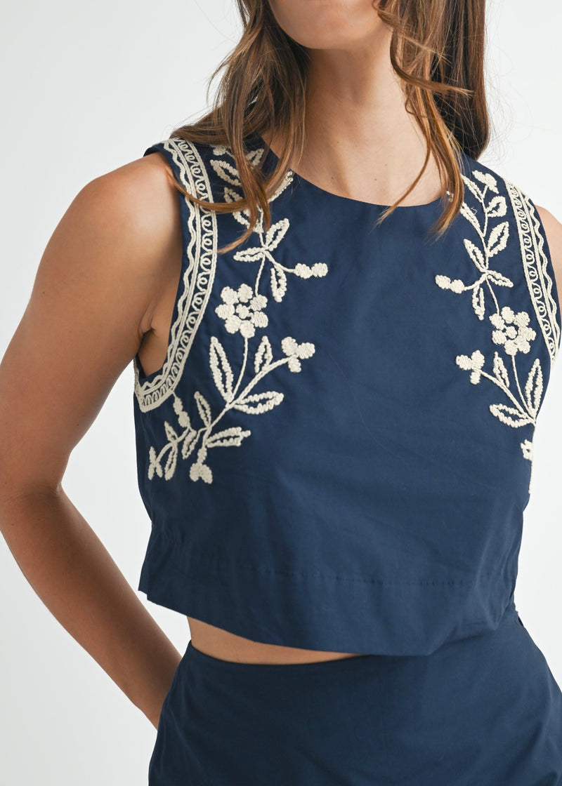 MARIA EMBROIDERED CROP TANK- NAVY