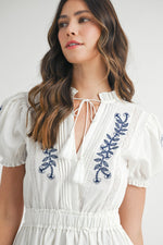 EMBROIDERED RUFFLE TIER MINI DRESS- WHITE/NAVY