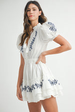 EMBROIDERED RUFFLE TIER MINI DRESS- WHITE/NAVY