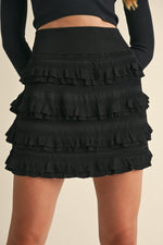 RUFFLED KNIT MINI SKIRT- BLACK