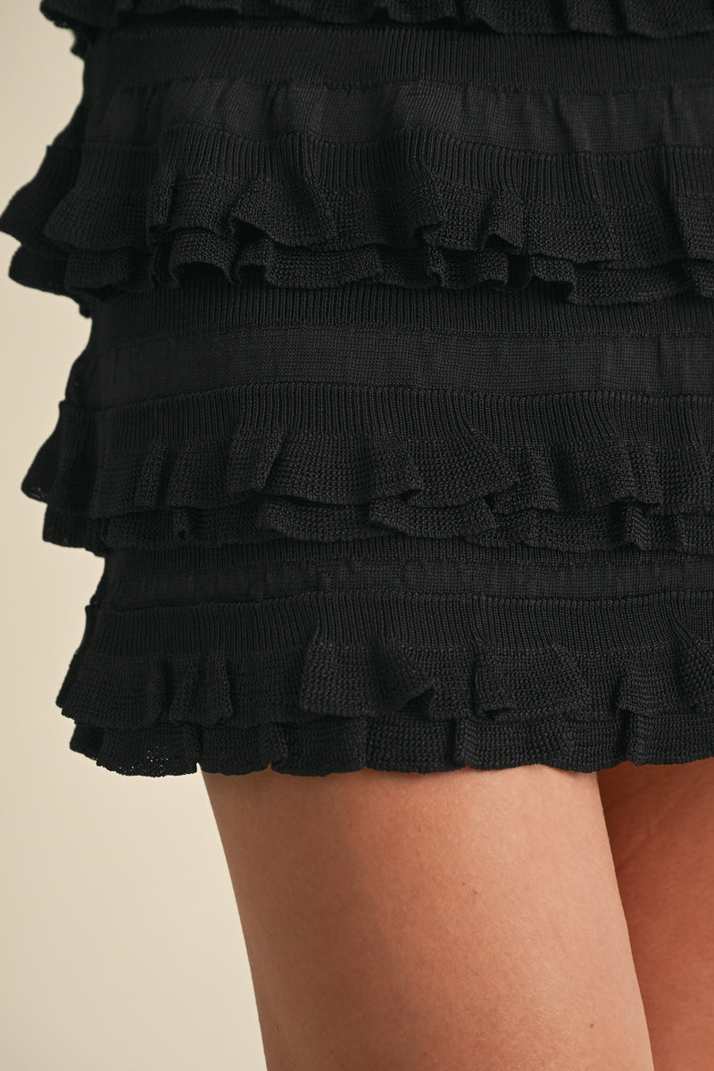 RUFFLED KNIT MINI SKIRT- BLACK