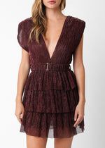 KENNA METALLIC TIERED DRESS- WINE