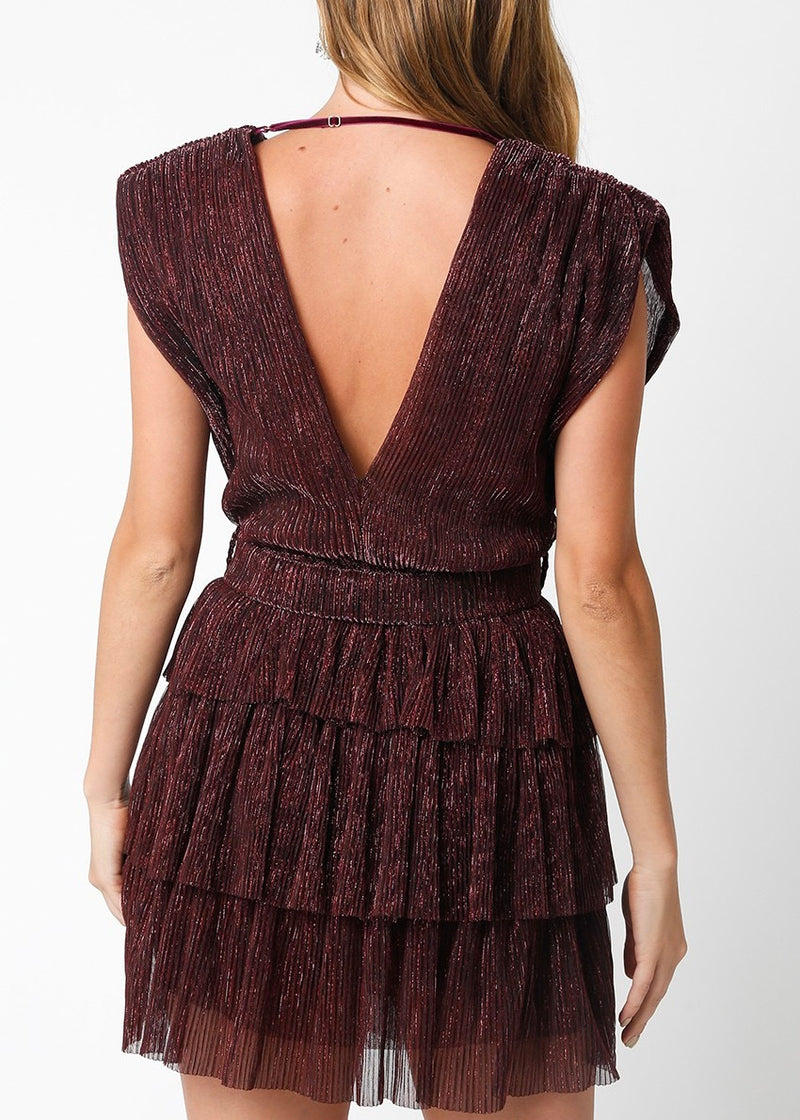 KENNA METALLIC TIERED DRESS- WINE