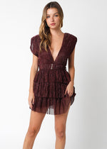 KENNA METALLIC TIERED DRESS- WINE