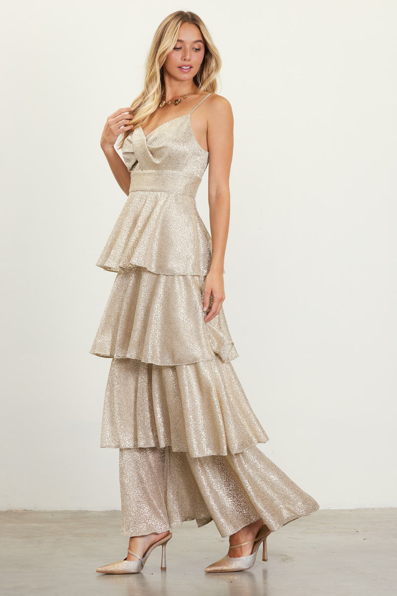 LUREX TIERED MAXI DRESS- GOLD