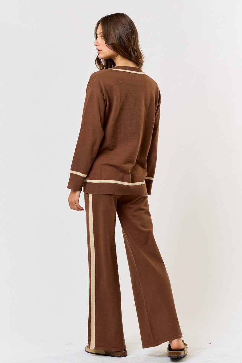 CONSTRAST SWEATER KNIT TOP- BROWN