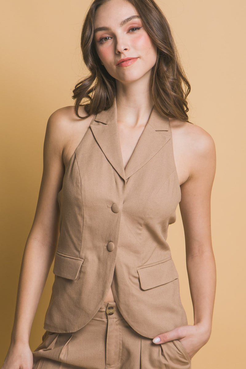 LINEN HALTER TOP- TAUPE