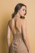 LINEN HALTER TOP- TAUPE