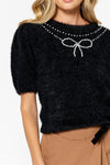 PEARL BOW FUZZY SWEATER- BLACK