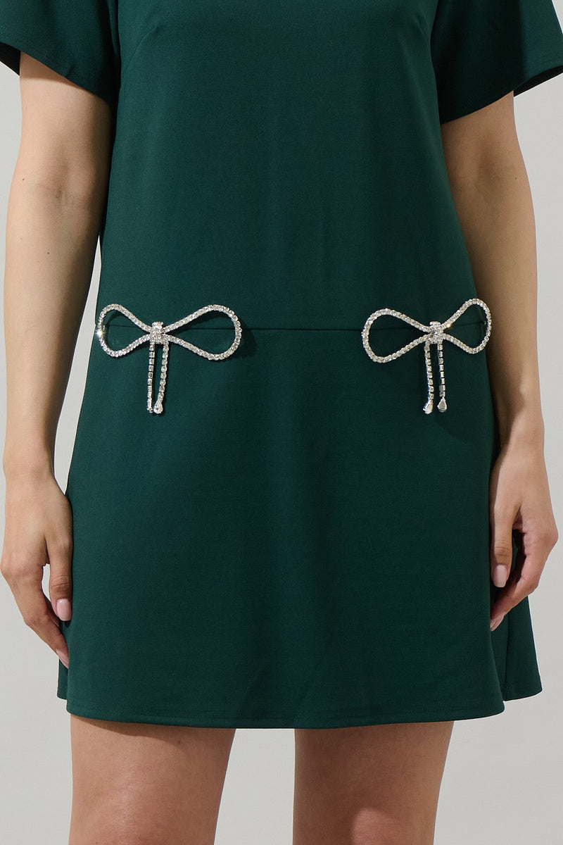 BENICIA BOW SHIFT MINI DRESS- EMERALD