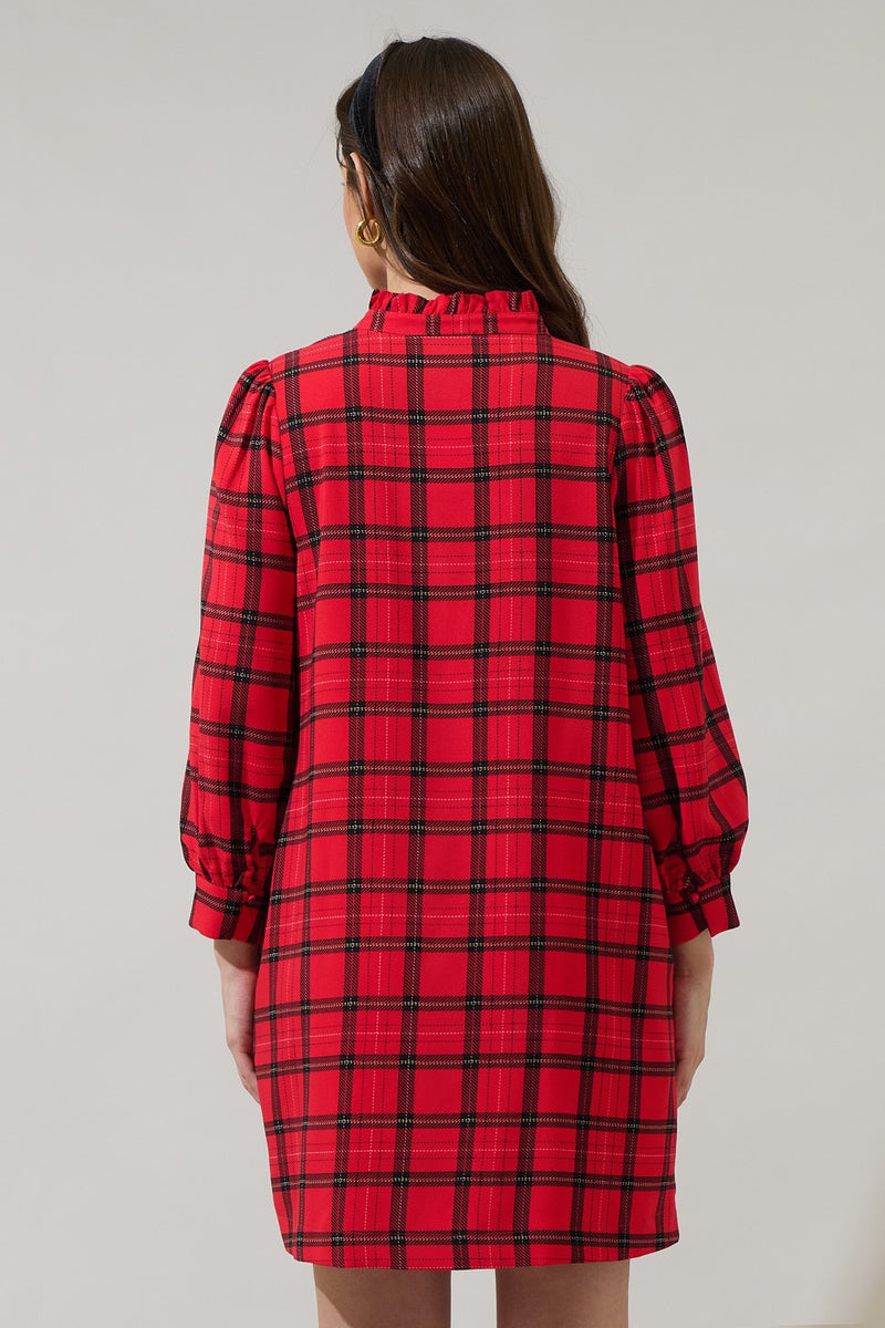 WOODLAND PLAID SHIFT DRESS- RED